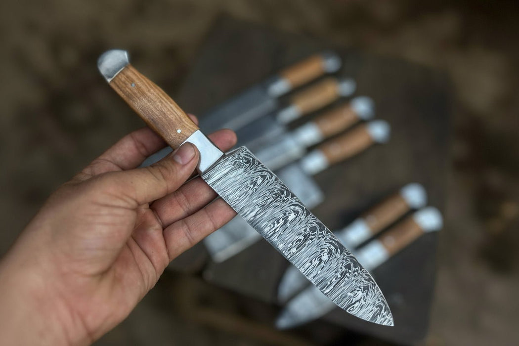 7-Piece Handmade Damascus Chef Knife Set with Wood Handles (Professional Kitchen Set)