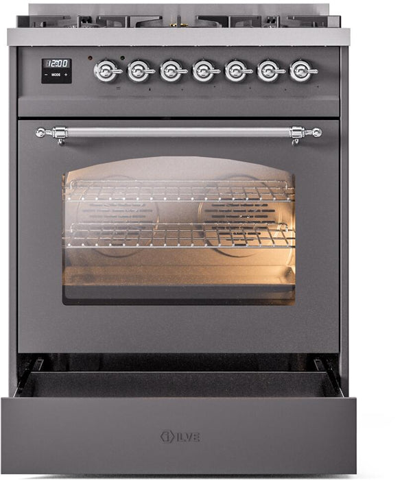 ILVE Nostalgie II 30" Dual Fuel Natural Gas Range, Matte Graphite, Chrome Trim ILVE UP30NMPMGC