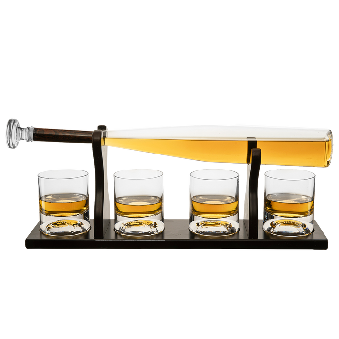 Baseball Bat Whiskey & Wine Decanter 4 Baseball Glasses, Spirits Set - Baseball Coach Gifts, Baseballs Lovers Coaches, Dad, Boyfriend, Brother, Friend Gift - For Whiskey & Wine (Standard Base)