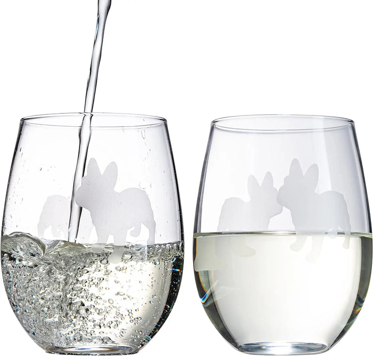 Set of 2 French Bulldog Dog Stemless Wine Glasses - French Bulldog Puppy & Doggy Lover for Him & Her - Dogs Silhouette - Glass Gifts Etched Tumblers for Anniversary, Wedding, Home Bar Gifts