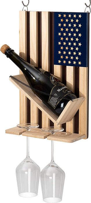 The Wine Savant American Flag Wall Mounted Wine Rack, Beautiful Wine & Bottle Holder & 2 Glasses Patriotic Home Decor - Storage Display Holder - Patriots, Veterans, Military 16" H - Gift Idea Gifts