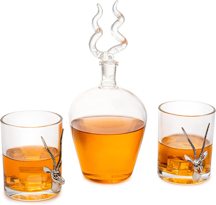 Stag Antler Whiskey Decanter Set 8.5" H with 2 Stag 12oz Glasses - Hunting Liquor Scotch Bourbon Gift for Him by The Wine Savant - Stag Deer Figurine, Hunter Gifts Luxury Decanter 750ml