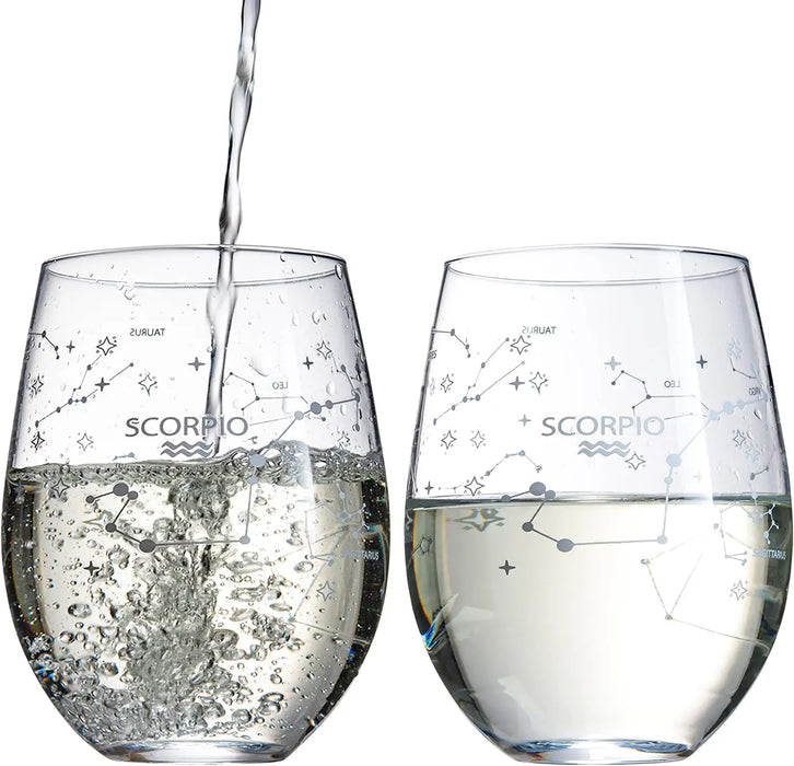 Set of 2 Zodiac Sign Wine Glasses with 2 Wooden Coasters by The Wine Savant - Astrology Drinking Glass Set with Etched Constellation Tumblers for Juice, Water Home Bar Horoscope Gifts 18oz (Scorpio)