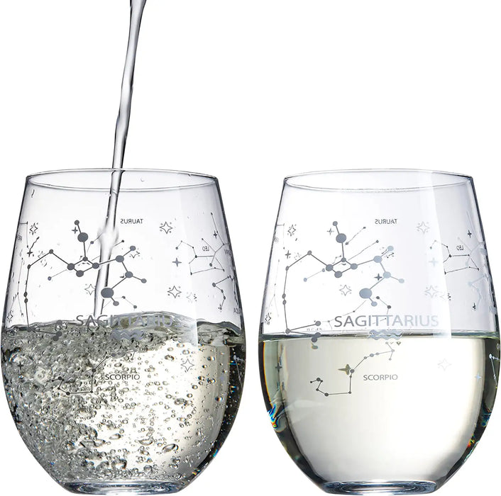 Set of 2 Zodiac Sign Wine Glasses with 2 Wooden Coasters by The Wine Savant - Astrology Drinking Glass Set with Etched Constellation Tumblers for Juice, Home Bar Horoscope Gifts 18oz (Sagittarius)