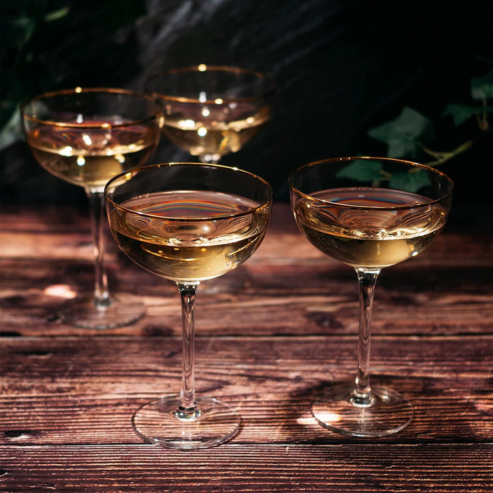 Vintage Crystal Champagne Coupe Gold Rim Glasses | Set of 4 | 7 oz
