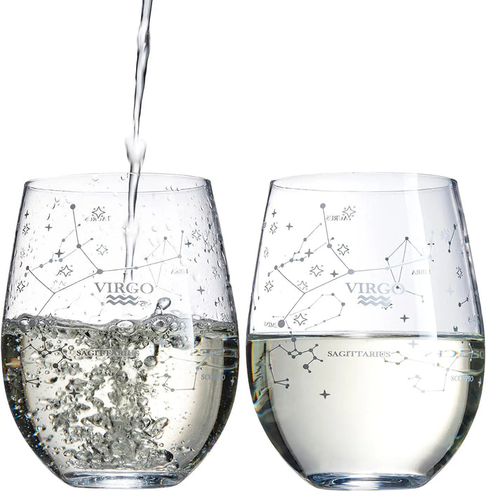 Set of 2 Zodiac Sign Wine Glasses with 2 Wooden Coasters by The Wine Savant - Astrology Drinking Glass Set with Etched Constellation Tumblers for Juice, Water Home Bar Horoscope Gifts 18oz (Virgo)