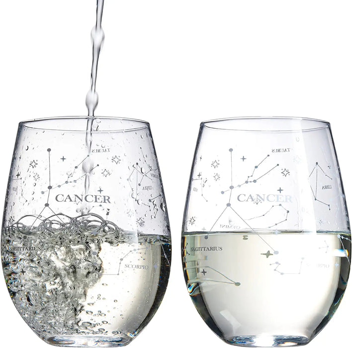 Set of 2 Zodiac Sign Wine Glasses with 2 Wooden Coasters by The Wine Savant - Astrology Drinking Glass Set with Etched Constellation Tumblers for Juice, Water Home Bar Horoscope Gifts 18oz (Cancer)