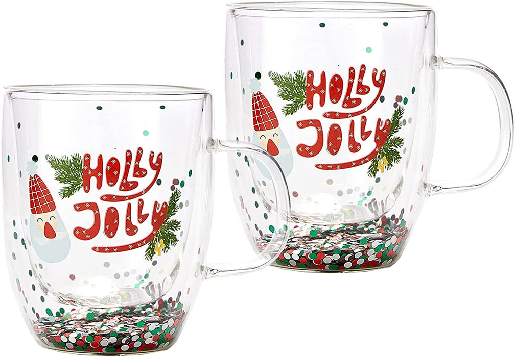 Set of 2 Holly Jolly Christmas Design Tumbler Mugs - Confetti Filled 9.5 oz Decorated Christmas Glass - Perfect for Wine, Eggnog, Cocoa, Holiday Parties & Festivities - 4.25" High, 9.5 oz Capacity