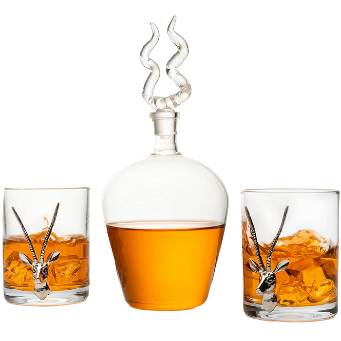 Stag Antler Whiskey Decanter Set 8.5" H with 2 Stag 12oz Glasses - Hunting Liquor Scotch Bourbon Gift for Him by The Wine Savant - Stag Deer Figurine, Hunter Gifts Luxury Decanter 750ml