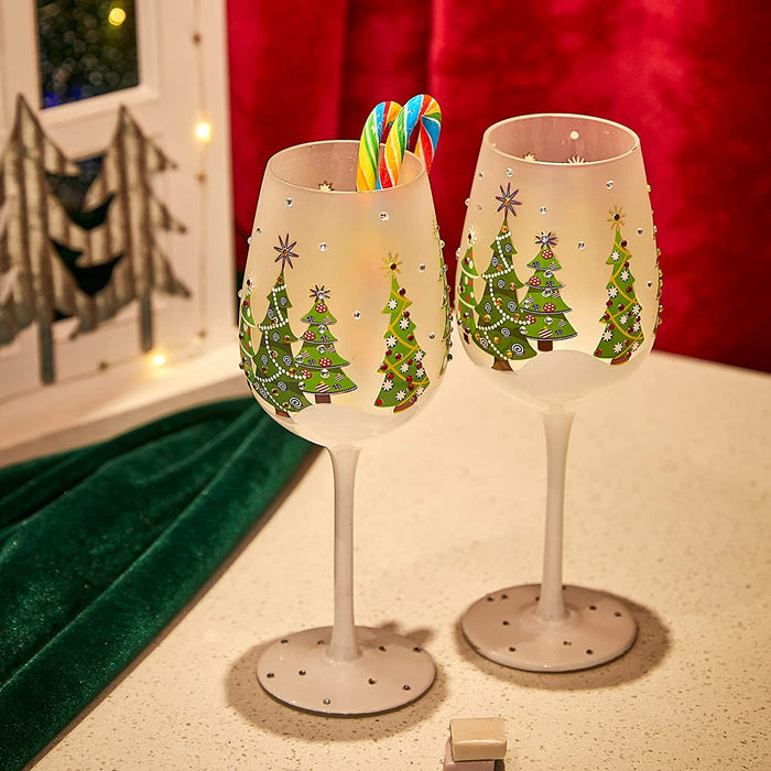 Set of 2 Stemmed Christmas Tree Design Wine Glasses - Hand Painted 14 oz Decorated Christmas Tree Glasses - Perfect for Wine, Champagne, Holiday Parties and Festivities - 8.75" High, 14 oz Capacity