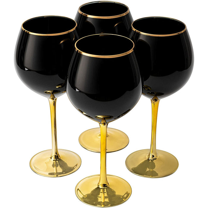 The Wine Savant Set of 4 Black Wine Glasses Gold Stemmed 14 oz