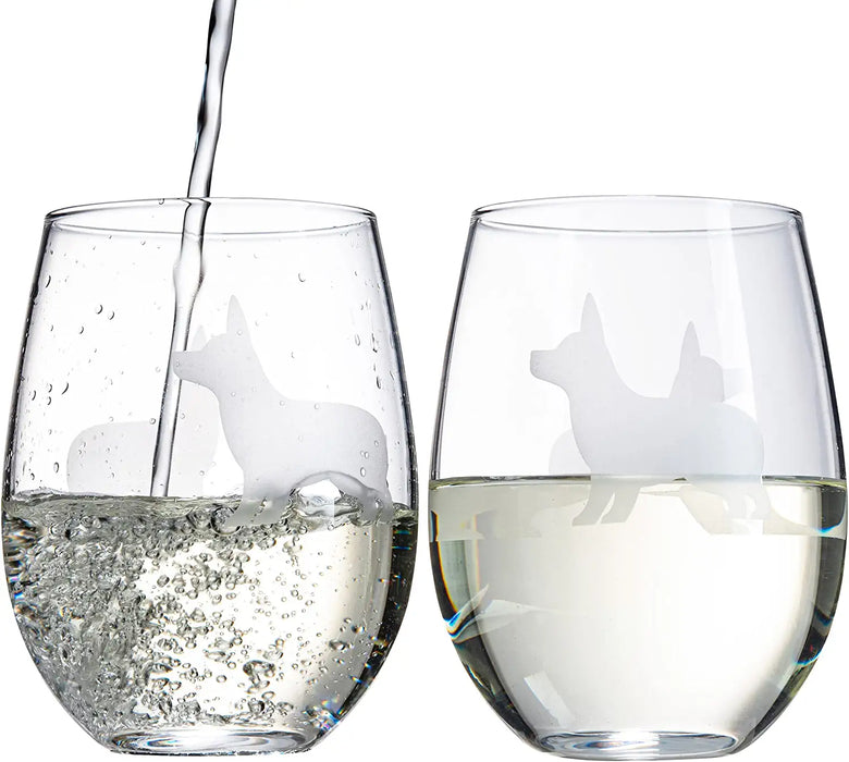 Stemless Wine Glasses Set of 2 by The Wine Savant - Puppy & Dog Lover Glass Gifts Etched Tumblers for Anniversary, Wedding, Home Bar Gifts (Corgi)