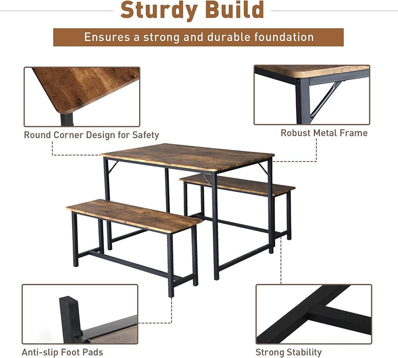 3 Piece Kitchen Table Set with 2 Benches, Wood Dining Table Set for 4 Space-Saving Dinette for Kitchen, Rustic Brown