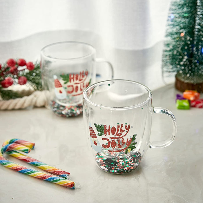 Set of 2 Holly Jolly Christmas Design Tumbler Mugs - Confetti Filled 9.5 oz Decorated Christmas Glass - Perfect for Wine, Eggnog, Cocoa, Holiday Parties & Festivities - 4.25" High, 9.5 oz Capacity