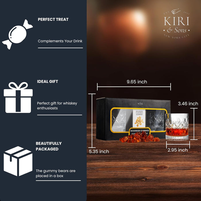 Bourbon Gummy Gift Set & Two Whiskey Glasses - Includes Bourbon Flavored Candy Bears & 2 Crystal Lowball Glassware - Gift for Whisky, Scotch Lovers, Him, Dad, or Husband, Tasting Set for Holiday