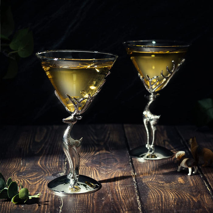 Stag Antler Cocktail Martini Glasses, Set of 2 - by The Wine Savant, 8oz Elegant Glasses Set for any Home Bar - Luxury Glass Deer Figurine, Stag Lover Gifts, Nature Lover Gifts (Martini / Champagne)