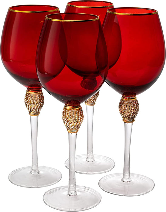 The Wine Savant Large Diamond Wine Glasses, 10" H Gold Rim Rhinestone Diamond Glasses - Wedding Glasses - 18 Ounce, Premium Designed Wine Glasses for Spirits and Wine, Gift Boxed (4, Red)