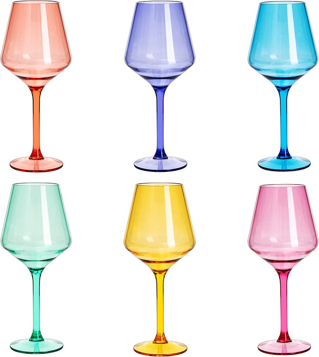 European Style Crystal, Stemmed Wine Glasses, Acrylic Glasses Tritan Drinkware, Unbreakable Colored, 6 - Set - Shatterproof BPA-free plastic, Reusable, All Purpose Glassware, Hand Wash Only 15oz