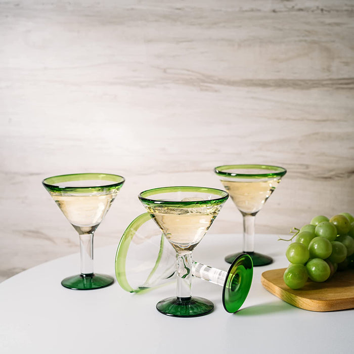 Mexican Hand Blown Martini & Margarita Glasses - Green Rim Detailed - Set of 4-10oz - Carmen Cinco de Mayo - Luxury Mexican Glassware Thick, Juice & Cocktail For Holidays & Celebration Confetti