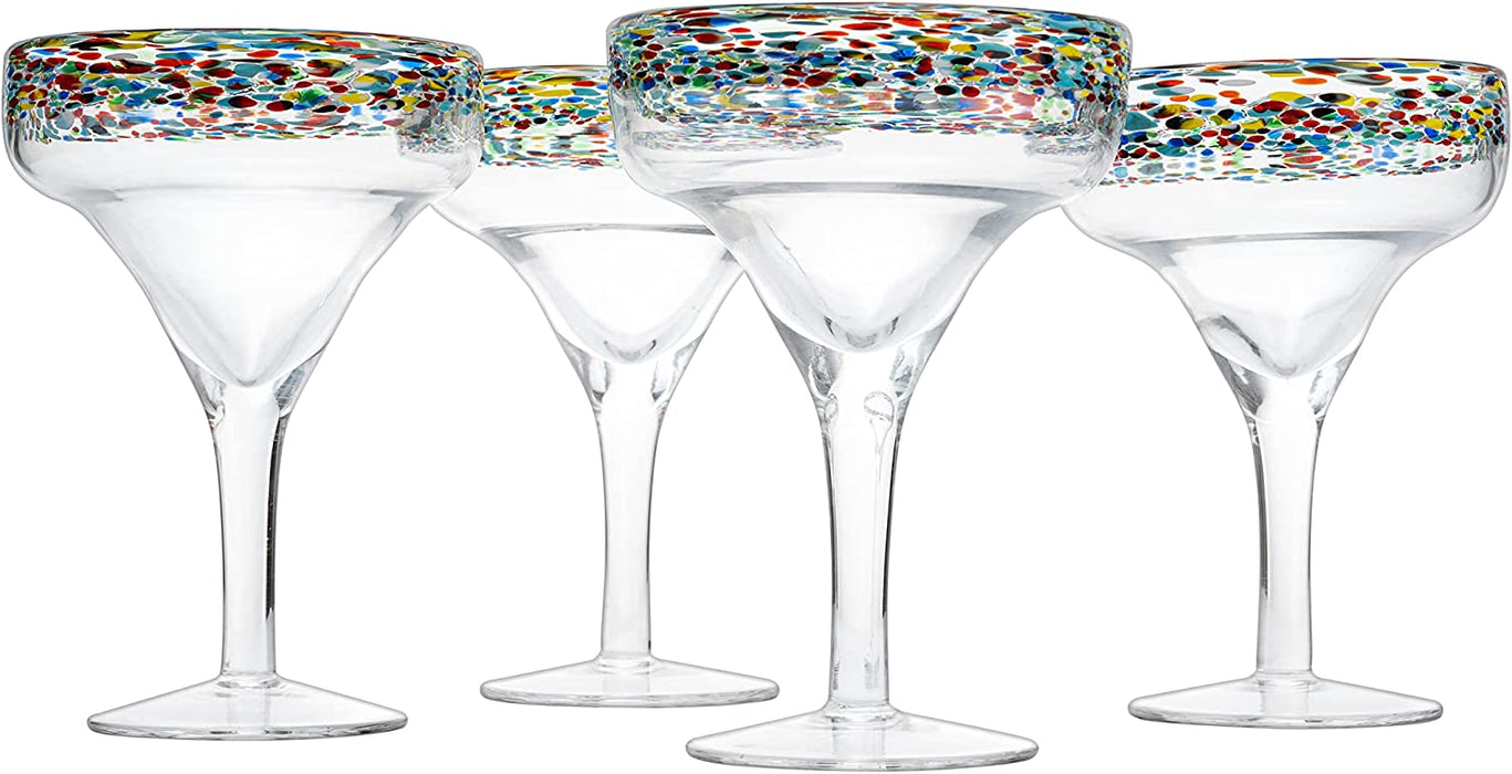The Wine Savant Mexican Margarita Hand Blown Glass - Set of 4 - Large 16oz, Luxury Margarita Glasses, Mexico Design Large 16oz Confetti Rim Carmen Cinco de Mayo, Dishwasher Safe, Confetti Rock Decor