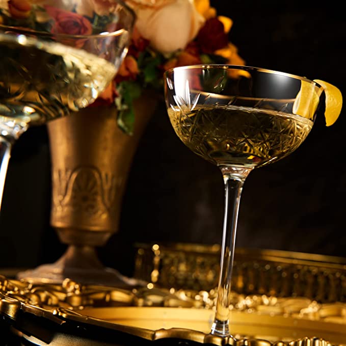 Vintage Art Deco Luxury Coupe Glasses, Cocktails, Martini, Margarita, In Premium Gift Box 24K Gold Rim | Set of 2 | 8 oz Classic Cocktail Glassware - Champagne, Manhattan, Cosmopolitan Crystal Goble