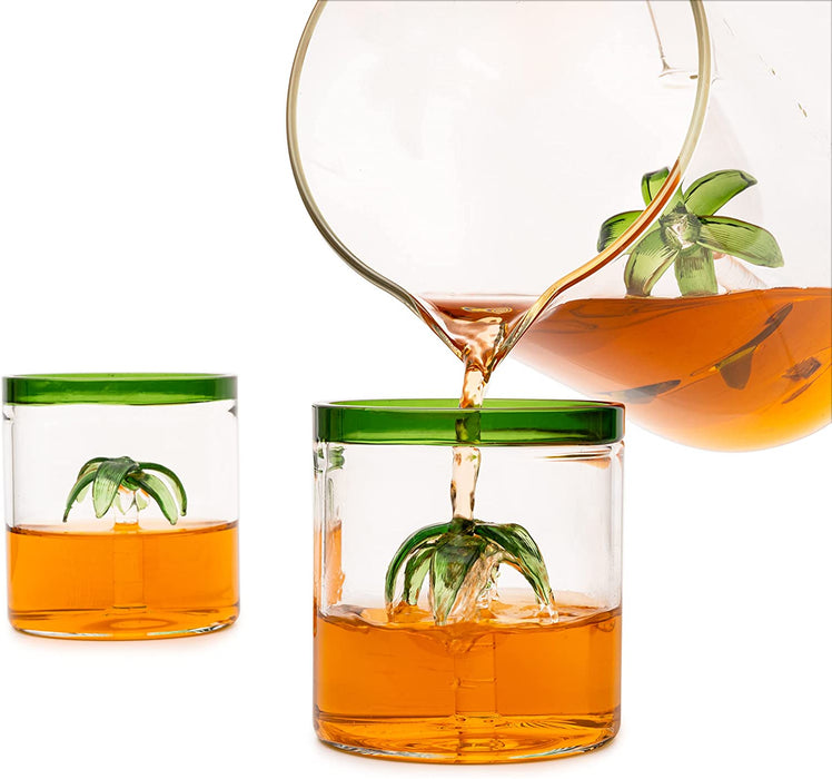 Palm Tree Pitcher & 4 Glasses Set Decanter with 4 Glasses 9oz by The Wine Savant - Elegant Glass Set, Great for Water Iced Tea, Sangria, Lemonade, and More! 1300ml 9" H