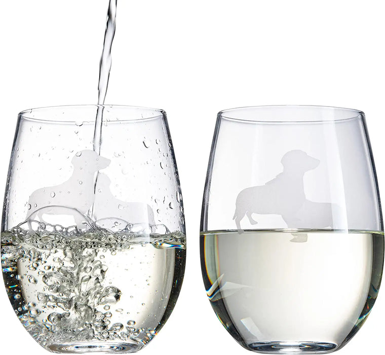 Set of 2 Dog Daschund Stemless Wine Glasses by The Wine Savant - Wiener Dog Puppy & Doggy Lover for Him & Her - Dogs Silhouette - Glass Gifts Etched Tumblers for Anniversary, Wedding, Home Bar Gifts