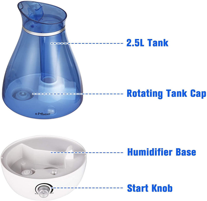 Humidifiers for Bedroom Quiet Ultrasonic Cool Mist Humidifier 2.5L with Auto Shut-Off, Less Than 30dB, Blue