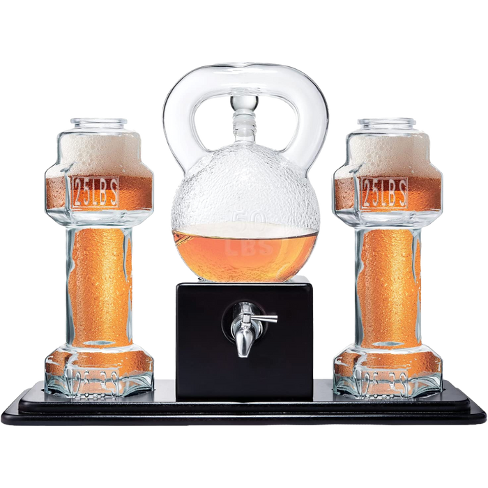 Kettlebell & Dumbbell Beer, Whiskey & Wine Dispenser Set, 40 OZ Decanter & 26 OZ Glasses - Great Weightlifting Gift, Coach, Deadlifting Powerlifting - Pourer with Spigot Mahogany Wooden Base Gym Gifts for Dad