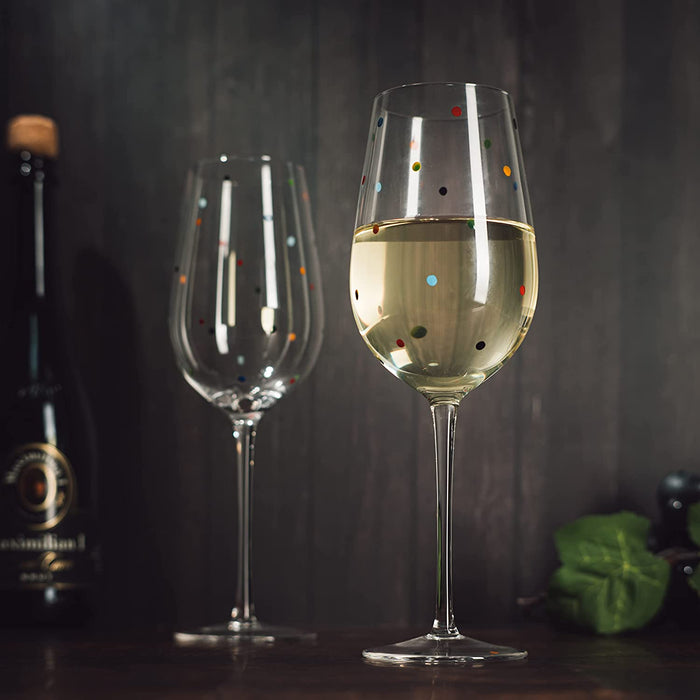 Polka Dot Stemmed Wine Glasses 16 Ounces Set of 2 10" H By The Wine Savant - Polka Dot Wine Wedding Glasses, Ideal For Merlot, Pinot Noir For Everyday, Weddings, Anniversaries, Parties, Home Bar Gifts