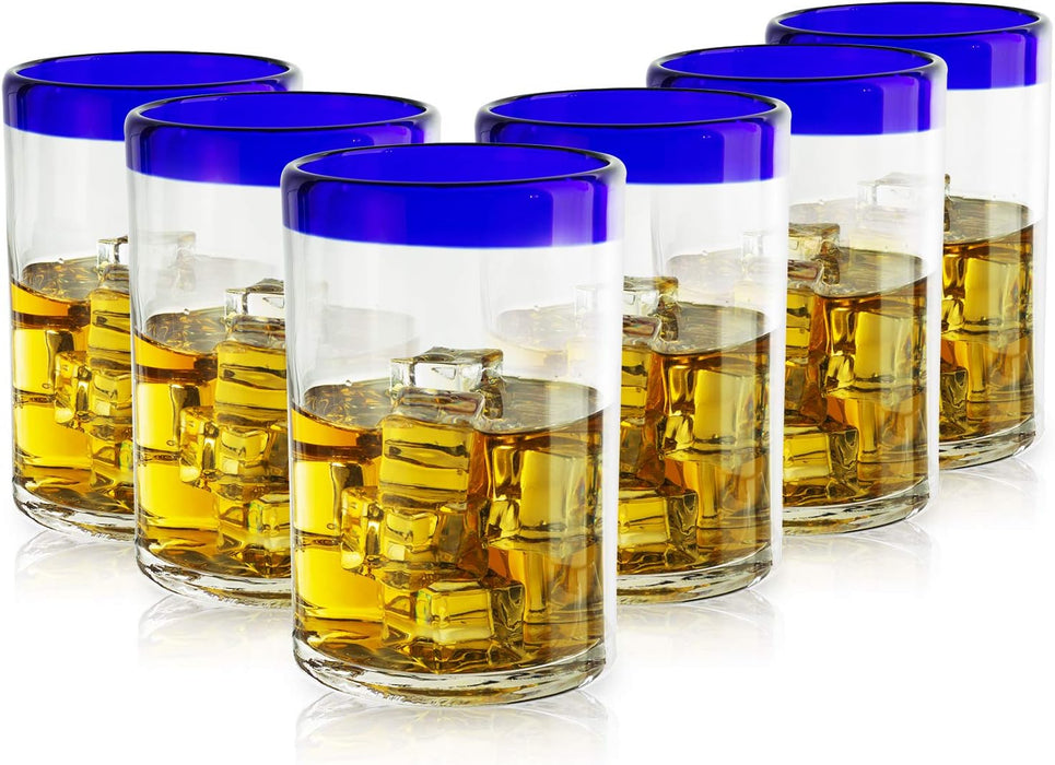 Hand Blown Mexican Drinking Glasses – Set of 6 Confetti Rock Design Glasses by The Wine Savant (Cobalt)