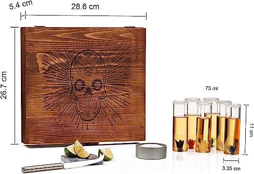 Tequila Shot Glass & Salt Gift Set for Men & Women | Six Agave Shot Glasses, Knife For Limes, One Skull Coaster, One Salt Tin | Skeleton Mahogany Wood Box Package For Tequila, Liquor Lovers