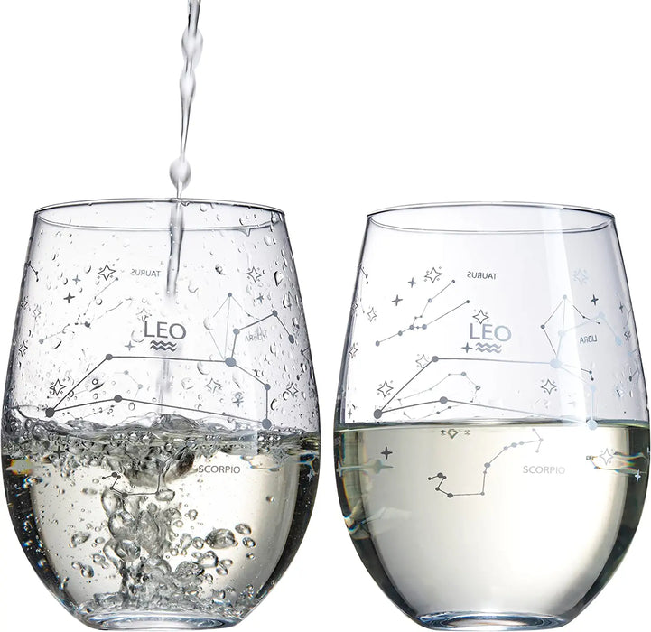 Set of 2 Zodiac Sign Wine Glasses with 2 Wooden Coasters by The Wine Savant - Astrology Drinking Glass Set with Etched Constellation Tumblers for Juice, Water Home Bar Horoscope Gifts 18oz (Leo)