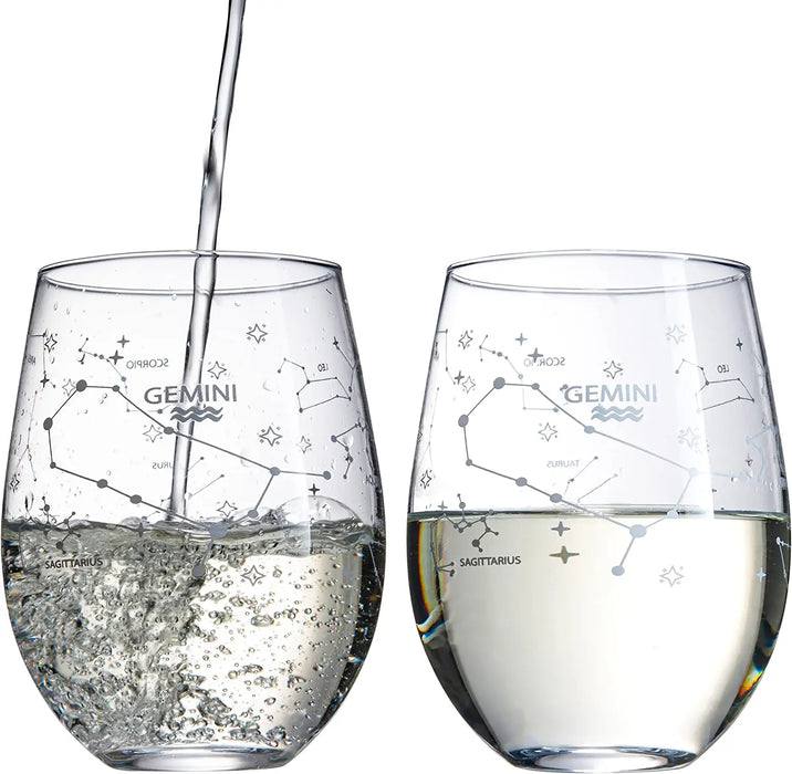 Set of 2 Zodiac Sign Wine Glasses with 2 Wooden Coasters by The Wine Savant - Astrology Drinking Glass Set with Etched Constellation Tumblers for Juice, Water Home Bar Horoscope Gifts 18oz (Gemini)