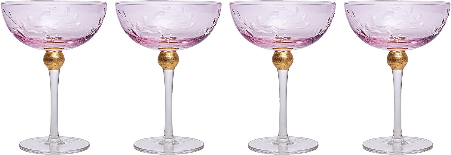 Colored Coupe Art Deco Glasses, Gold | Set of 4 | 8 oz (Pink)