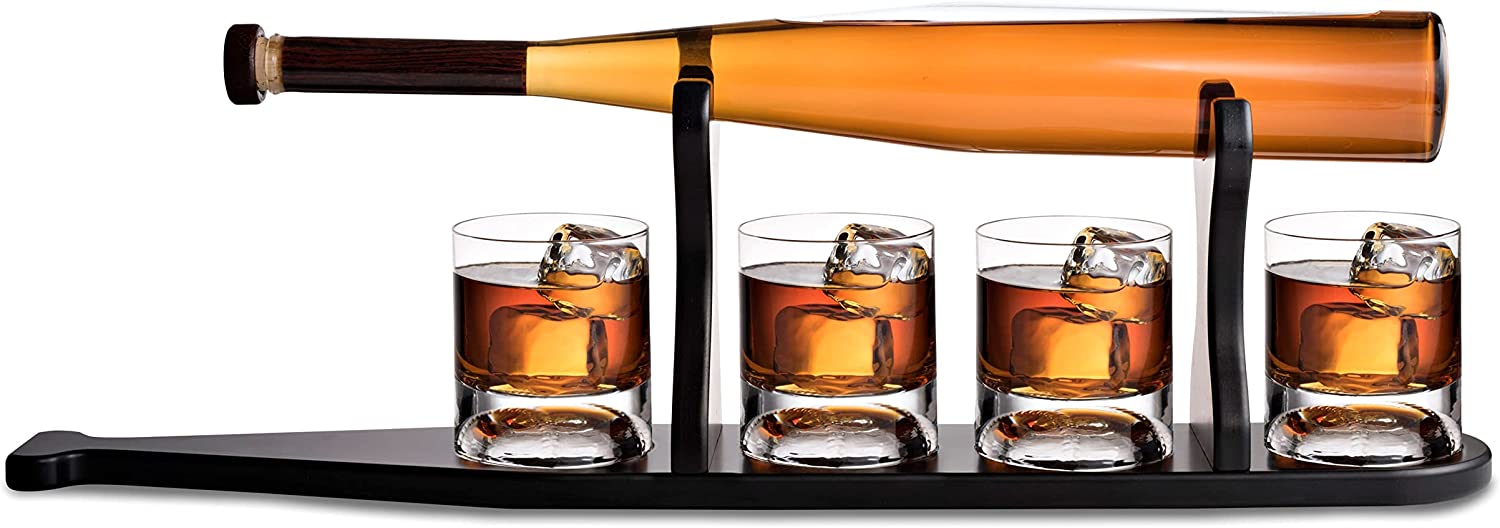 Baseball Bat Whiskey & Wine Decanter 4 Baseball Glasses, Spirits Set - Baseball Coach Gifts, Baseballs Lovers Coaches, Dad, Boyfriend, Brother, Friend Gift - For Whiskey & Wine (Baseball bat base)