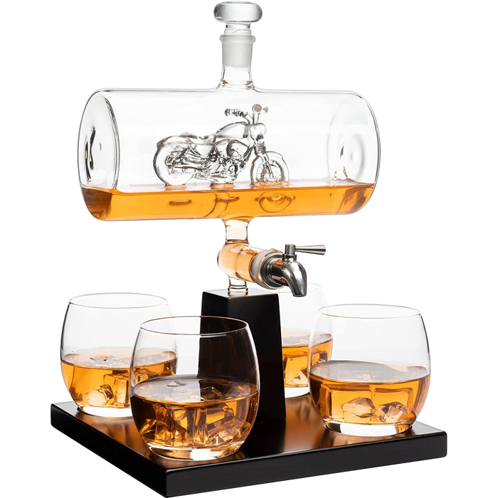 Motorcycle Decanter Whiskey & Wine Decanter Set 1100ml by The Wine Savant with 4 Whiskey Glasses, Motorcycle Gifts, Harley Davidson Motorbike Gifts, Drink Dispenser for Wine, Scotch, Bourbon 19"H 8"W