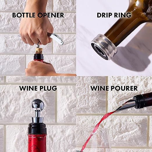 Painted STEMMED wine glass box set - opener, stopper, drip ring, wine pourer - 2 glasses