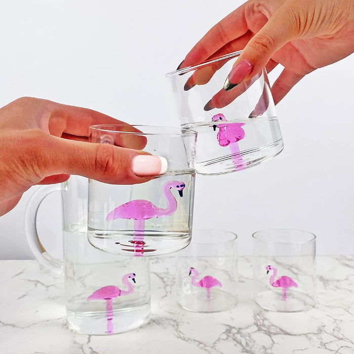 The Wine Savant Flamingo Pitcher & 4 Glasses Set Decanter with 4 Pink Flamingo Glasses 9oz Elegant Glass Set, Great for Water Iced Tea, Sangria, Lemonade, and More! 1300ml 9" H, Cute!