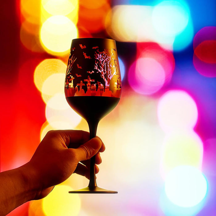 Crystal Halloween Stemmed Wine Glasses - Set of 2 - Themed Vibrant Black & Gold Etched Spooky Graveyard Pattern Frosted Glass, Perfect for Themed Gothic Parties Trick Or Treat Gift For Him Her (14 OZ)