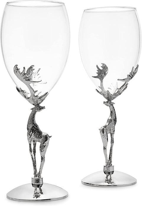Stag Antler Set of 2 Wine Glasses 9"H by The Wine Savant, Elegant Wine Glasses Set for any Home Bar - Luxury Glass Stag Deer Figurine Wine Glasses, Stag Lover Gifts, Nature Lover Gifts (Wine)