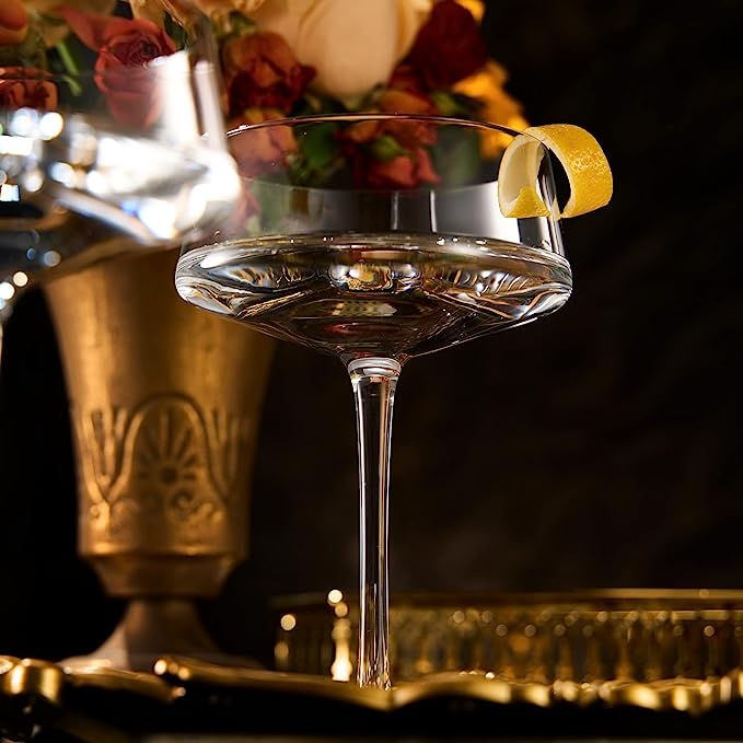 Luxury Martini Glass Set of 2 | 10oz | Crystal Luxury Martini with Silver Spoon, Premium Hand-Blown | Classic Cocktail & Champagne Clear Coupes For Manhattan, Cosmopolitan, Sidecar, Speakeasy Goblets