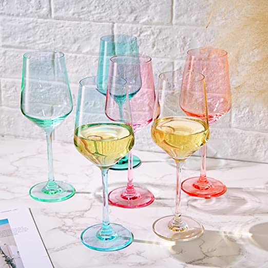 Colored Crystal Wine Glass Set of 6 - Large 12 oz (Summer)
