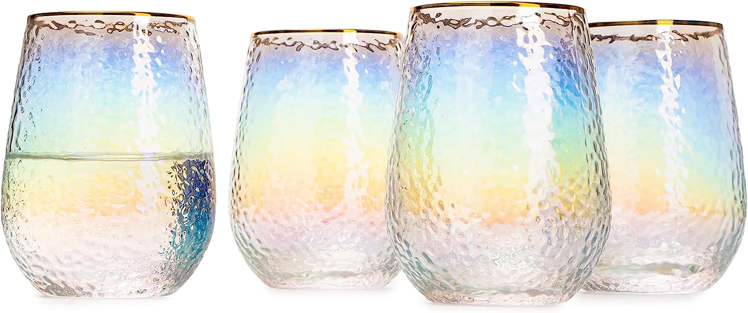Festive Lustered Iridescent Stemless Wine & Water Glasses - Set of 4-100% Glass 15oz Mouthblown Colorful Glasses - Anniversaries, Birthday Gift, Cocktail Party Radiance - Water, Whiskey, Juice, Gift