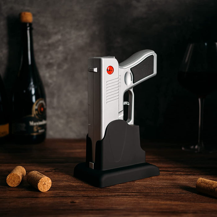Electric Gun Wine Corkscrew Bottle Opener - Rechargeable Holster Base Cordless Battery - Automatically Open Wines Multifunctional Electronic Cork Puller - Guns Enthusiasts Gift & Vino Lovers (Silver)