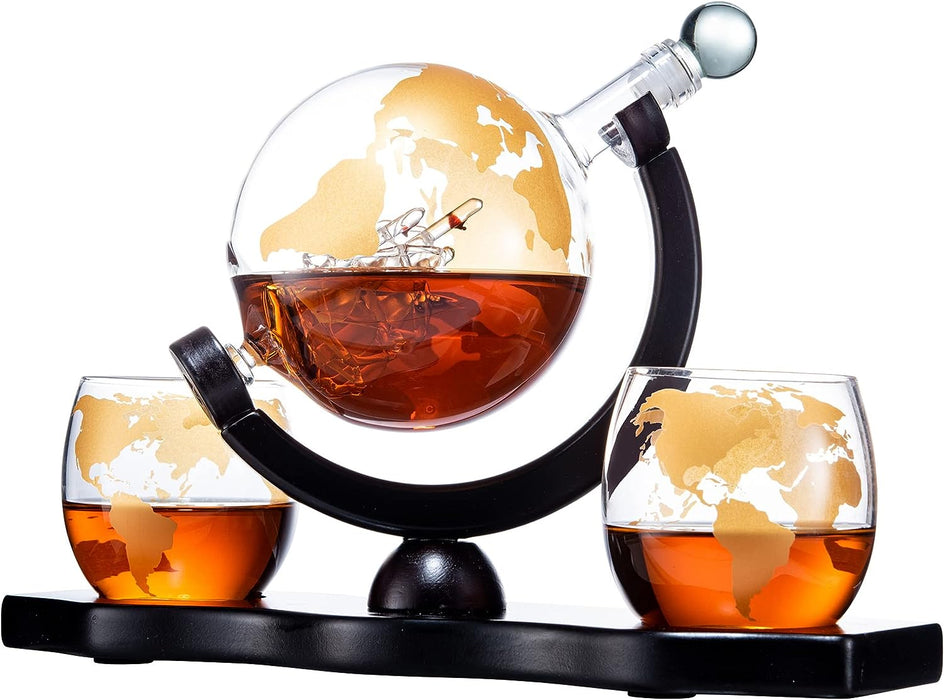 Gold Etched Whiskey Decanter Set Globe with 2 Gold Etched Globe Whisky Glasses - Perfect for a Birthday, Decanter Set for Whiskey, Scotch, Bourbon (27 Oz) (Gold)
