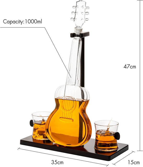 Guitar Whiskey & Wine Decanter & Mahogany Base - The Wine Savant 1000 ML Glass Decanter with 2 10oz Glasses 14" For Whiskey Music Lover & Guitar Player Gifts Musician Music Lovers