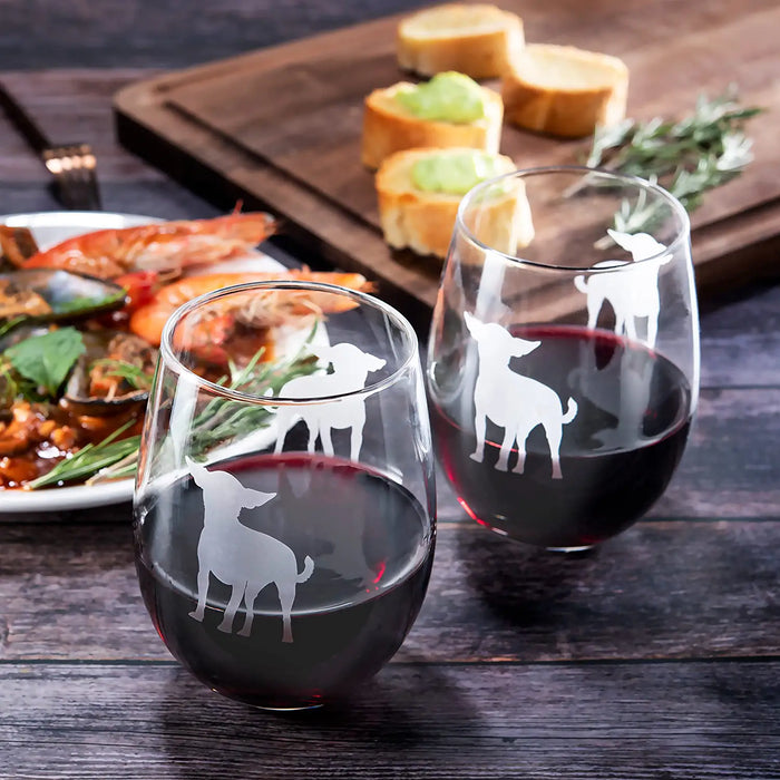 Set of 2 Chihuahua Dog Stemless Wine Glasses - Chihuahueño Puppy & Doggy Lover for Him & Her - Dogs Silhouette - Glass Gifts Etched Tumblers for Anniversary, Wedding, Home Bar Gifts