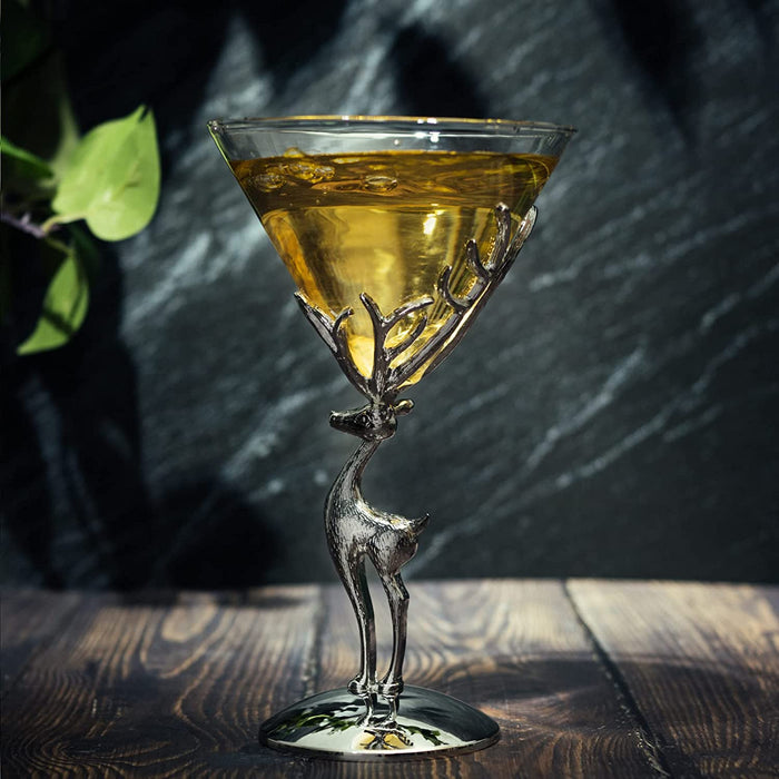 Stag Antler Cocktail Martini Glasses, Set of 2 - by The Wine Savant, 8oz Elegant Glasses Set for any Home Bar - Luxury Glass Deer Figurine, Stag Lover Gifts, Nature Lover Gifts (Martini / Champagne)