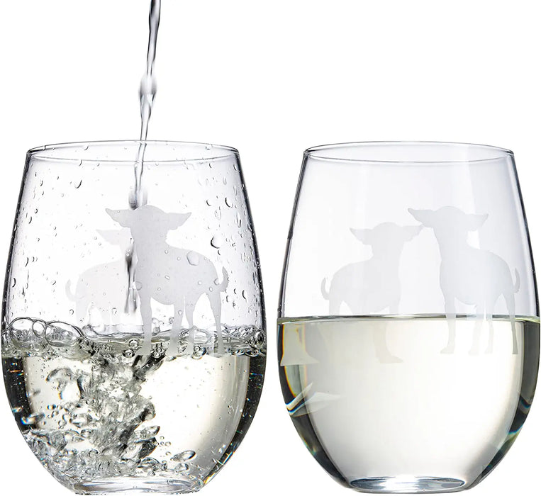 Set of 2 Chihuahua Dog Stemless Wine Glasses - Chihuahueño Puppy & Doggy Lover for Him & Her - Dogs Silhouette - Glass Gifts Etched Tumblers for Anniversary, Wedding, Home Bar Gifts